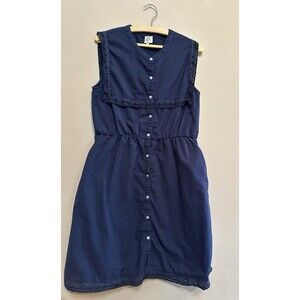 Anthropologie dRA 100% Cotton Cottagecore Navy Midi Dress Sz L Button Up Prairie